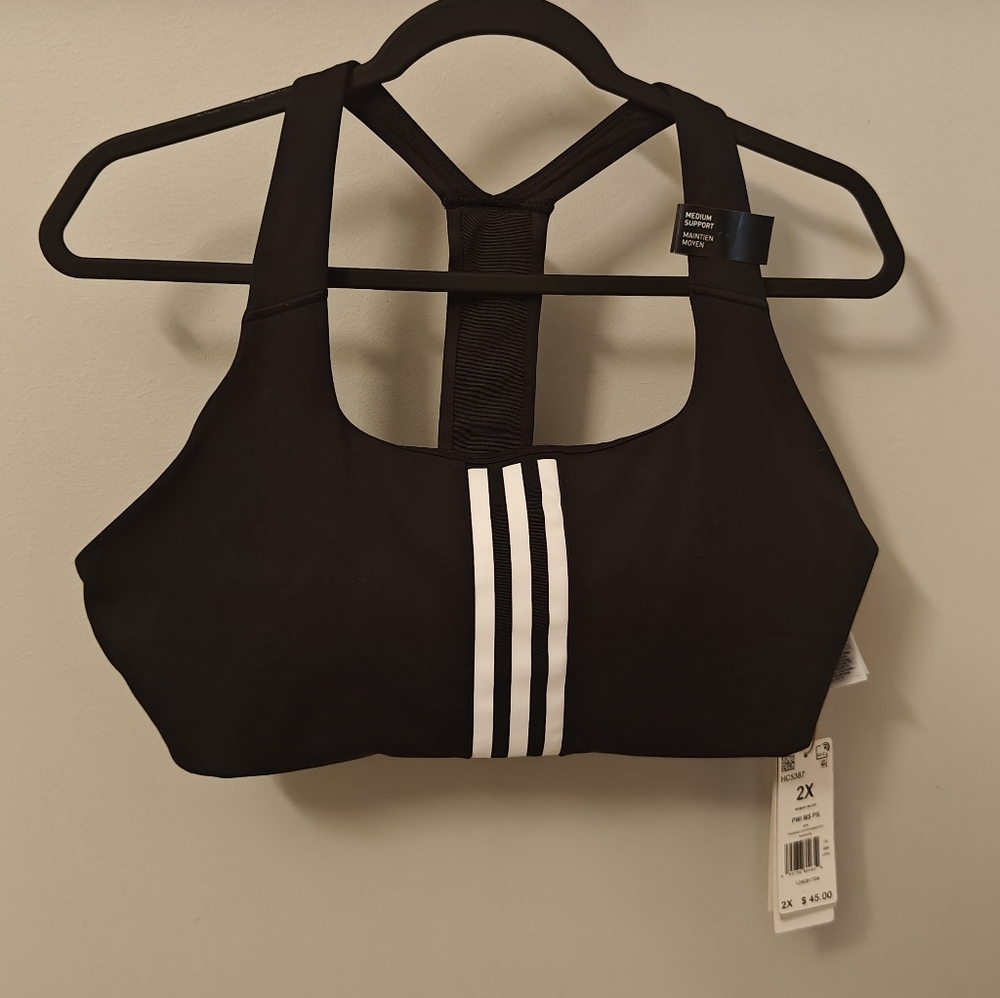 Adidas Black 3 White Stripe Active Bra Top Size 2X New W/Tags - Picture 2 of 10